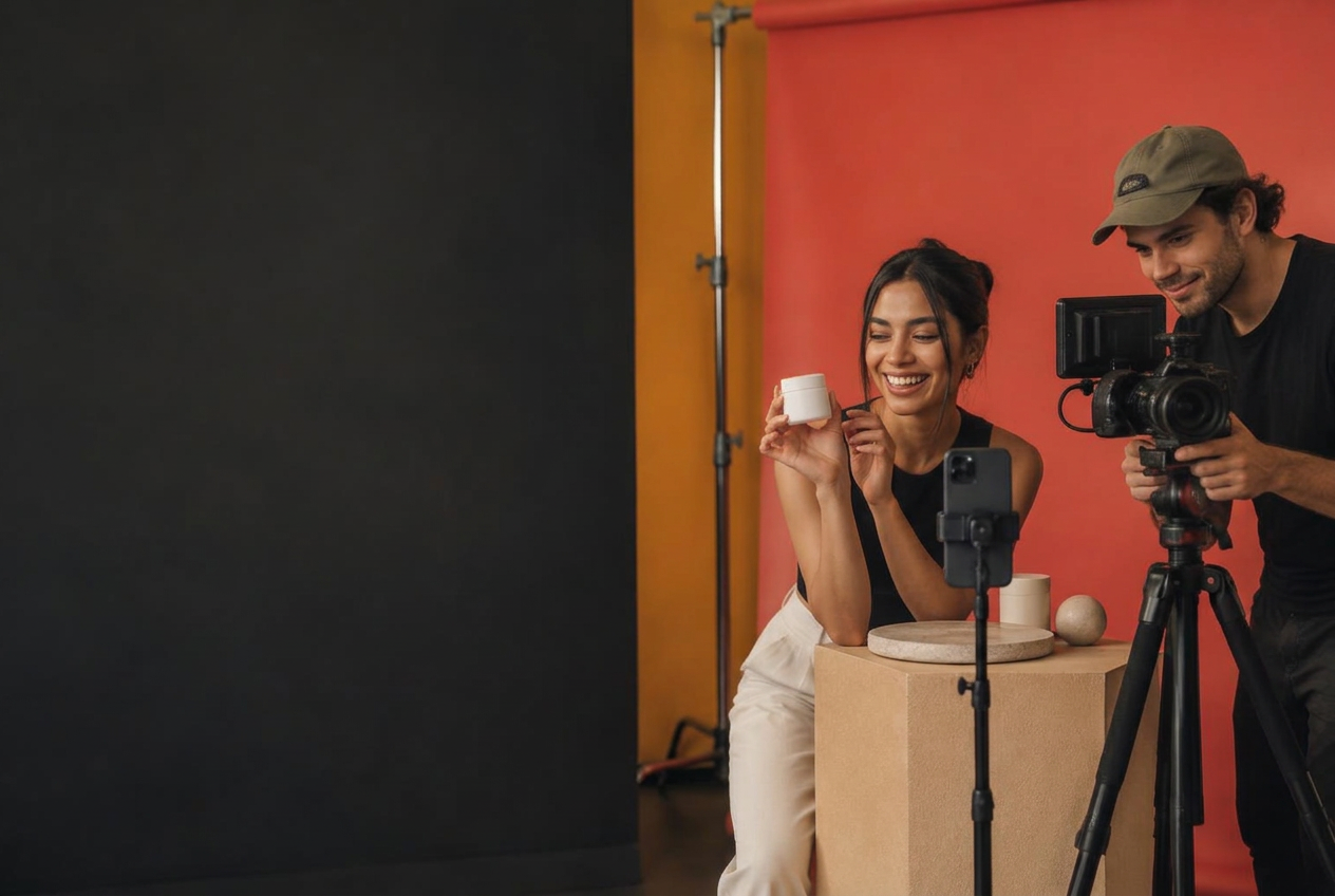 Illustrative scene of a smiling creator and filmmaker collaborating in a warmly lit studio