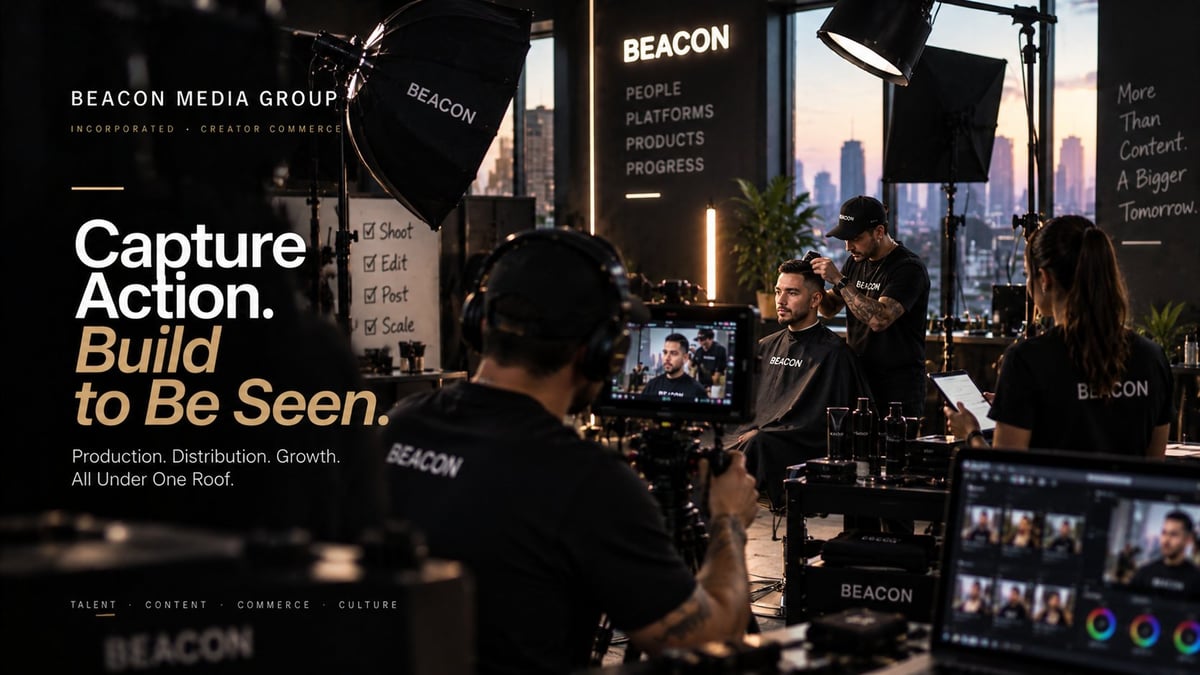 Professional film production studio with crew operating camera equipment under bright studio lights with city skyline backdrop