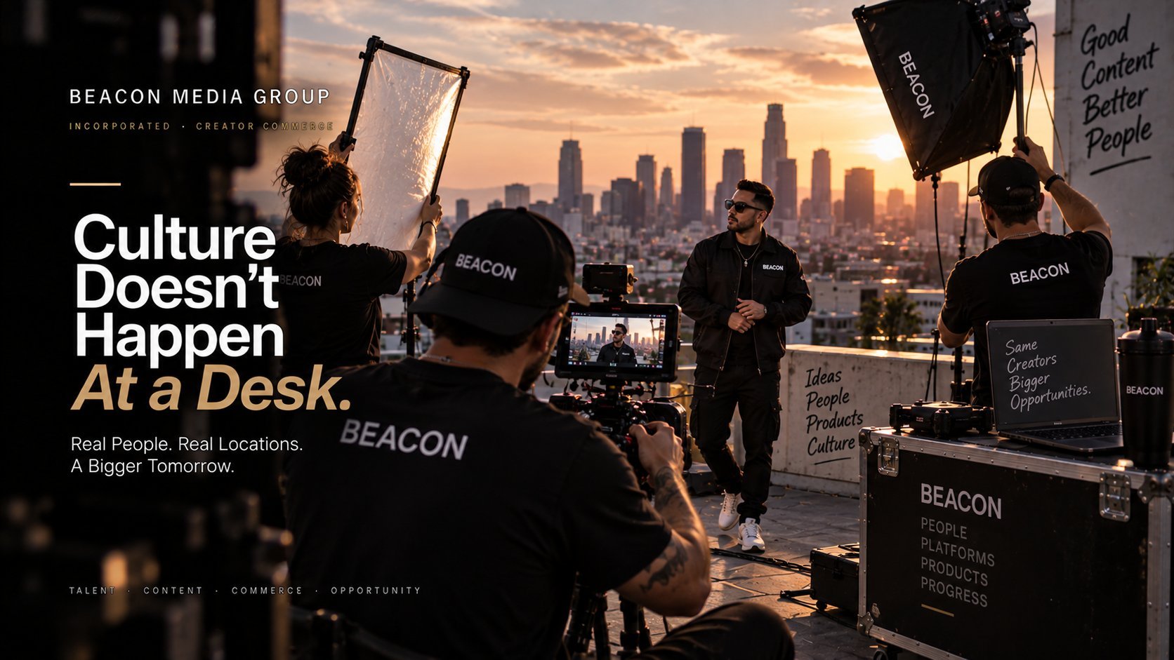 Film crew shooting a commercial on a rooftop with city skyline backdrop at sunset, featuring Beacon Media Group branding