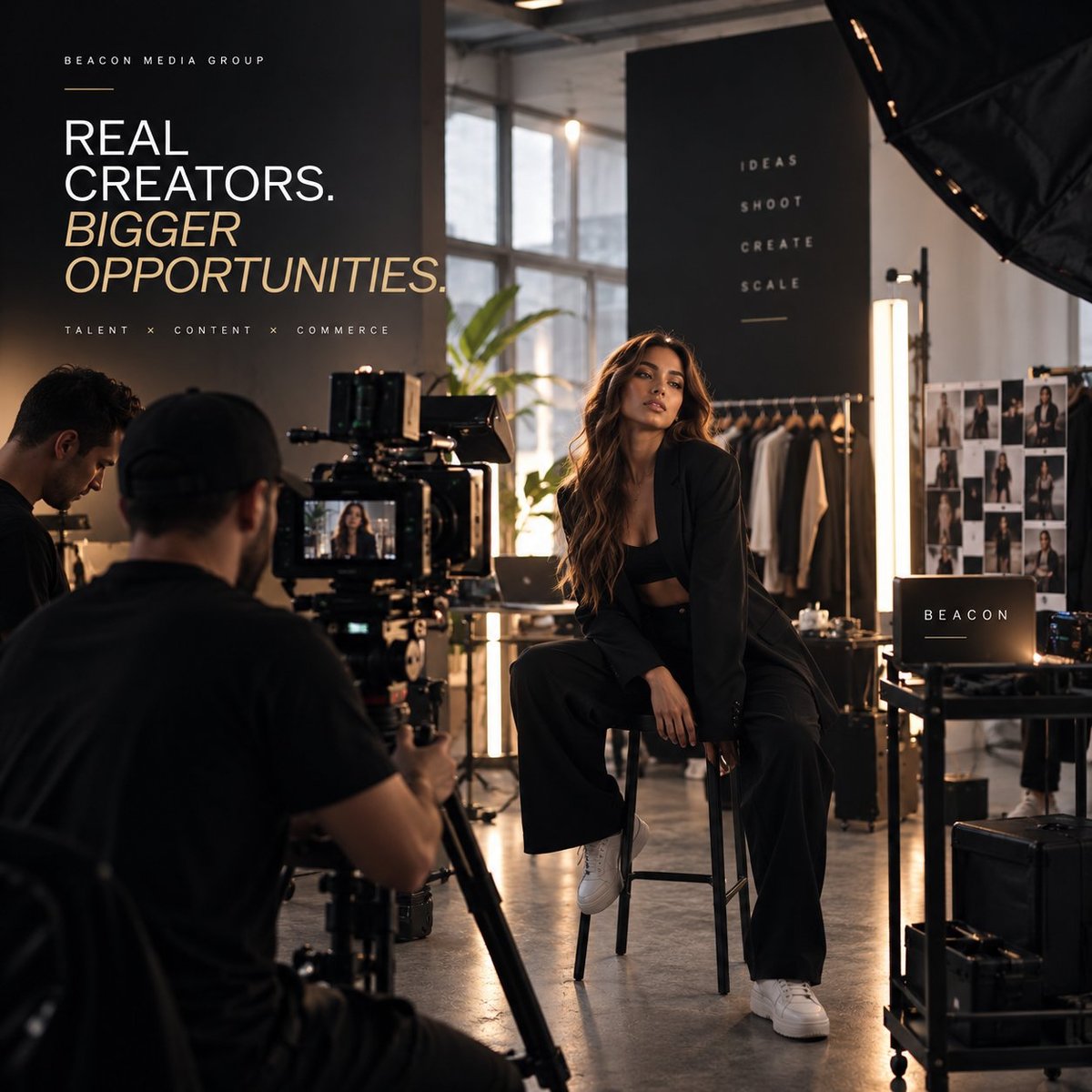 Professional film production shoot with a woman being filmed by camera operators in a modern studio setting with text overlay about creative opportunities