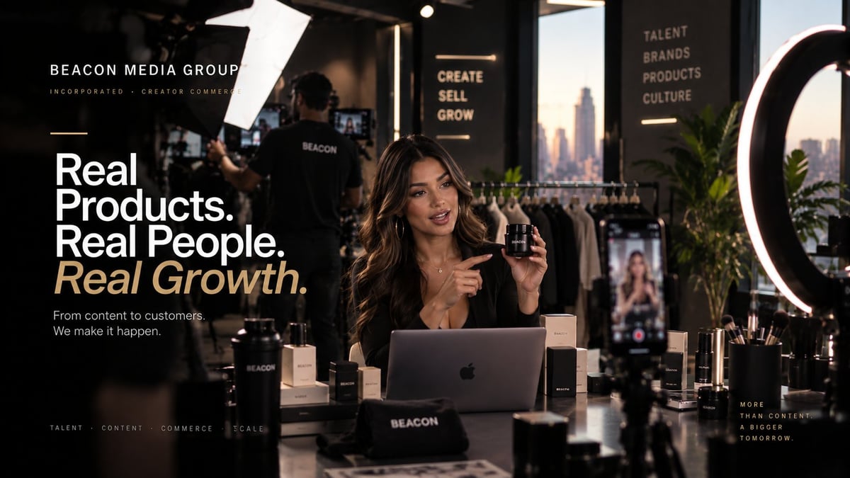 Woman at desk with laptop in modern office workspace with cityscape view and Beacon Media Group branding