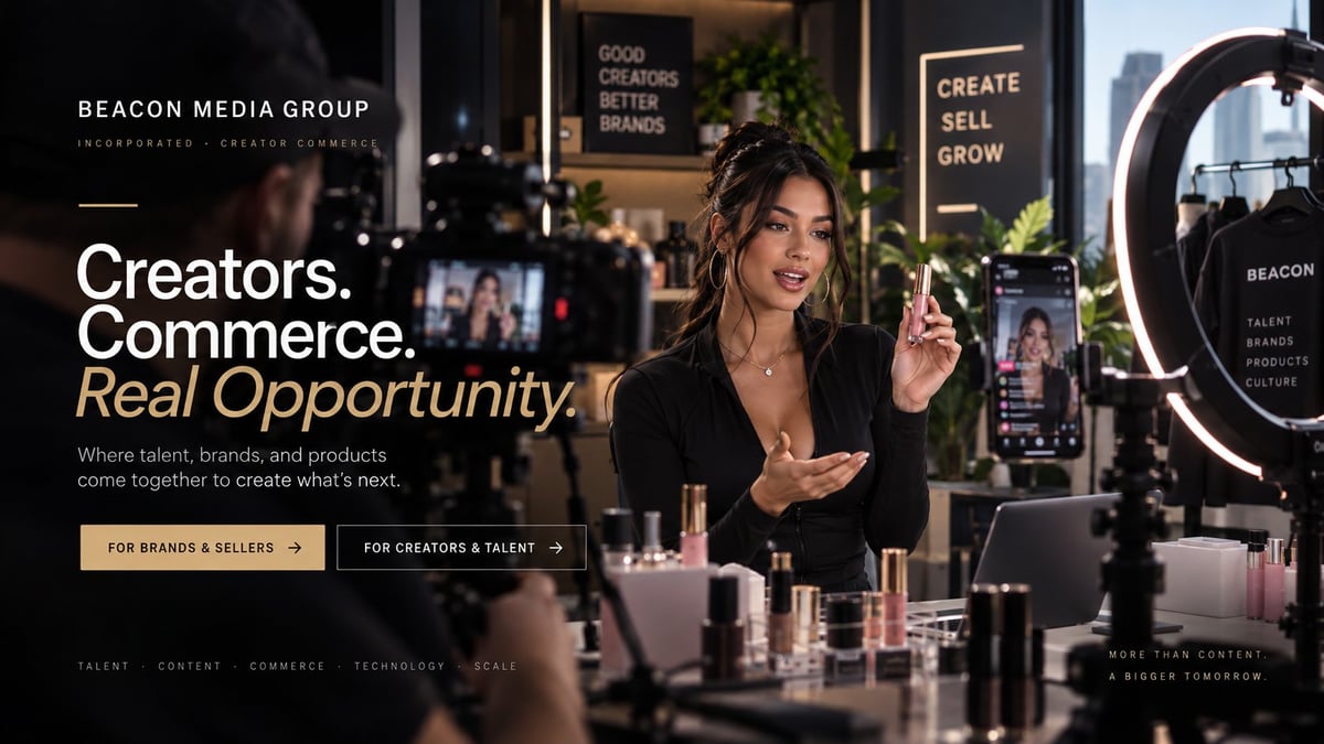 Woman creator at Beacon Media Group studio with beauty products and neon signs advertising creator commerce opportunities